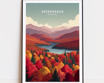 Poster de voyage dans les montagnes Adirondacks, art mural New York, impression Adirondack New York, décoration d'intérieur, cadeau d'anniversaire, affiche de voyage personnalisée