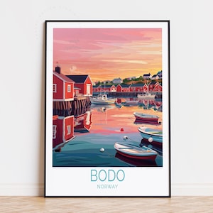 Póster de viaje de Bodø, Noruega, arte mural de Noruega, impresión de Bodø, decoración de viaje para el hogar, regalos de cumpleaños, póster de viaje personalizado
