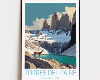 Póster de viaje del Parque Nacional Torres del Paine, arte mural de Chile, impresión del Parque Nacional Torres del Paine, decoración del hogar, impresión artística de la Patagonia