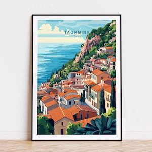 Taormina Travel Poster, Italy Sicily Wall Art, Taormina Italy Print, Home Decor, Birthday Gifts, Custom Travel Poster, Minimalist Cityscape