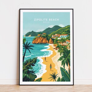 Póster de viaje de la playa de Zipolite, arte mural de México, impresión de Zipolite, regalos de cumpleaños, decoración del hogar, póster de viaje personalizado, paisaje urbano minimalista
