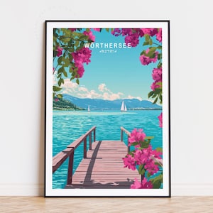 Affiche de voyage Wörthersee en Autriche, art mural Autriche, impression Wörthersee, décoration d'intérieur, cadeau d'anniversaire, paysage urbain minimaliste