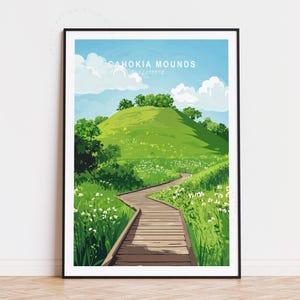 Póster de viaje de los Montículos de Cahokia, arte mural de Illinois, impresión de los Montículos de Cahokia, decoración del hogar, regalo de cumpleaños, póster de viaje minimalista