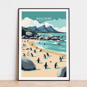 Poster de voyage Boulders Penguin, art mural Afrique du Sud, impression rochers, affiche de voyage personnalisée, paysage urbain minimaliste, cadeaux d'anniversaire