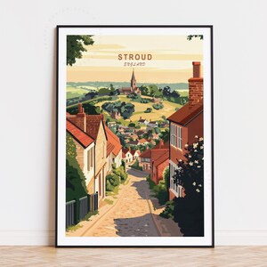Póster de viaje de Stroud, arte mural de Inglaterra, impresión de Stroud, Inglaterra, decoración del hogar, regalo de boda, regalos de cumpleaños, póster de viaje minimalista