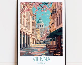 May include: A framed art print of Vienna, Austria. The illustration depicts a street scene with buildings, a domed church, and cherry blossoms. The text "VIENNA AUSTRIA" is at the bottom of the print.