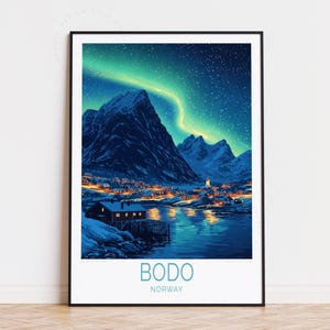 Cartel de viaje de Bodø Noruega, arte de la pared de Noruega, impresión de Bodø, cartel de viaje personalizado, regalos de inauguración de la casa, regalo de cumpleaños