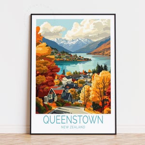 Poster de voyage Queenstown en Nouvelle-Zélande, art mural néo-zélandais, impression Queenstown, cadeau d'anniversaire, décoration d'intérieur, poster de voyage personnalisé