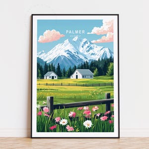 Poster turistico di Palmer, Alaska, arte murale degli Stati Uniti, stampa di Palmer, Alaska, regali di compleanno, arredamento per la casa, paesaggio urbano minimalista