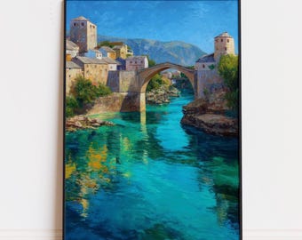 Impresión de Mostar, Bosnia: Puente de Stari Most, arte mural con paisaje urbano de los Balcanes
