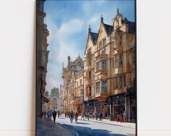 Oxford England Watercolor Print – Historic City Street Scene Wall Art, European Travel Poster