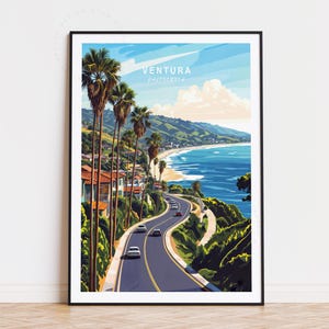 Poster de voyage Ventura, art mural californien, impression Ventura Los Angeles, cadeaux d'anniversaire, paysage urbain minimaliste, décoration d'intérieur