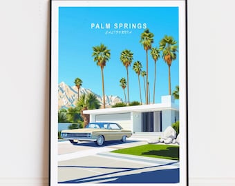 May include: A vintage car parked in front of a mid-century modern house with palm trees and mountains in the background. The text "PALM SPRINGS CALIFORNIA" is at the top of the image.