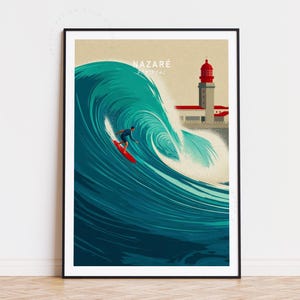 Nazaré Portugal Travel Poster, Portugal Wall Art, Nazaré Surfing Print, Home Decor, Birthday Present, Minimalist Travel Poster