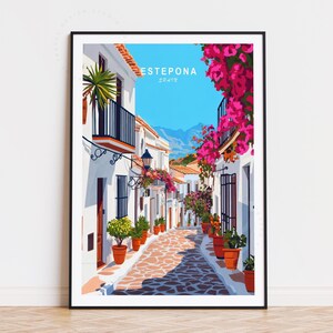 Póster de viaje de Estepona, España, arte mural de España, impresión de Estepona Costa del Sol, regalos de cumpleaños, decoración del hogar, impresión de viaje minimalista