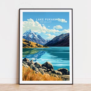 Poster de voyage sur le lac Pukaki, art mural néo-zélandais, impression sur le lac Pukaki, cadeaux d'anniversaire, paysage urbain minimaliste, décoration d'intérieur