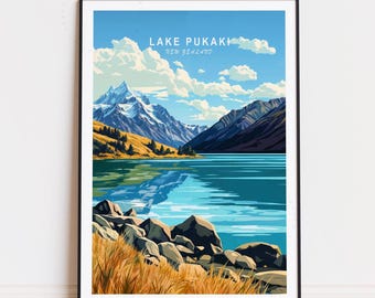 Lake Pukaki Travel Poster, New Zealand Wall Art, Lake Pukaki Print, Birthday Gifts, Minimalist Cityscape, Home Decor