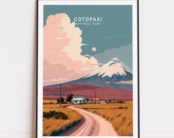 Póster de viaje del Cotopaxi, Ecuador, arte mural de Ecuador, impresión del Parque Nacional Cotopaxi, decoración del hogar, regalos de cumpleaños, paisaje urbano minimalista