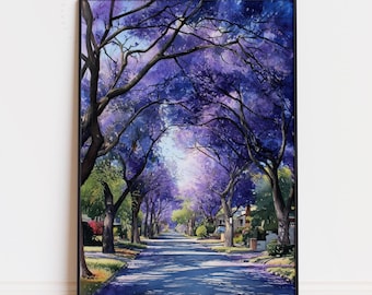 Pretoria South Africa Watercolor Travel Poster | Jacaranda Tree Street Purple Bloom Art Print