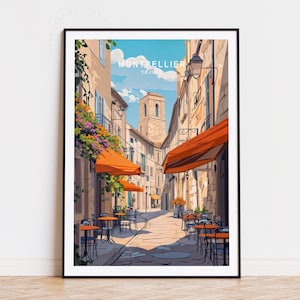 Poster de voyage Montpellier, art mural France, impression Montpellier France, décoration d'intérieur, cadeaux d'anniversaire, affiche de voyage personnalisée, paysage urbain minimaliste