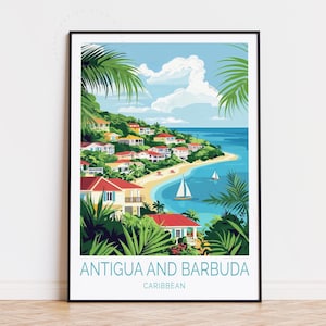 Póster de viaje de Antigua y Barbuda, arte mural caribeño, impresión de Antigua y Barbuda, regalos de cumpleaños, decoración del hogar, póster de viaje personalizado