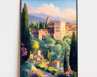 Poster di viaggio di Granada, stampa ad acquerello della Spagna, paesaggio di Granada da appendere al muro, decorazione per giardino mediterraneo