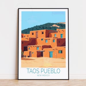 Poster de voyage Taos Pueblo Nouveau-Mexique, art mural Nouveau-Mexique, impression Taos Pueblo, décoration d'intérieur, cadeaux d'anniversaire, affiche de voyage personnalisée