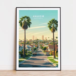 Poster de voyage à Anaheim, art mural en Californie, impression d'Anaheim Los Angeles, cadeaux d'anniversaire, affiche de voyage personnalisée, décoration d'intérieur, paysage urbain minimaliste