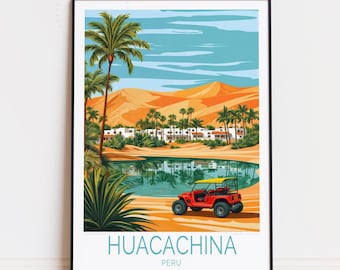 Póster de viaje de Huacachina, arte mural de Perú, impresión de Huacachina, arte peruano, póster de viaje personalizado, decoración del hogar, regalos de cumpleaños