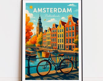 Amsterdam Reiseplakat, Niederlande Wandkunst, Amsterdam Niederlande Druck, Wohnkultur, Geburtstagsgeschenke, personalisiertes Reiseplakat