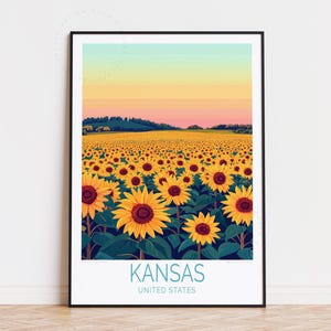 Poster di viaggio del Kansas, Stati Uniti, arte murale degli Stati Uniti, stampa di girasoli del Kansas, regalo di compleanno, arredamento da viaggio per la casa