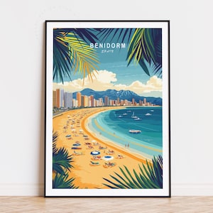 Poster di viaggio di Benidorm, arte murale spagnola, stampa di Benidorm, Spagna, arredamento per la casa, regali di compleanno, poster di viaggio minimalista, regalo di nozze