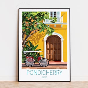 Poster de voyage de Pondichéry en Inde, art mural en Inde, impression de Pondichéry, cadeau d'anniversaire, décoration d'intérieur, cadeaux de mariage, affiche de voyage personnalisée