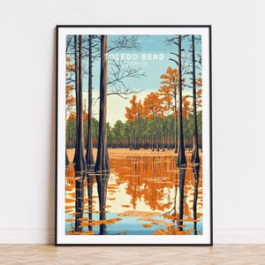 Póster de viaje del embalse de Toledo Bend, arte mural de Estados Unidos, impresión de Toledo Bend, regalos de cumpleaños, póster de viaje minimalista, decoración del hogar