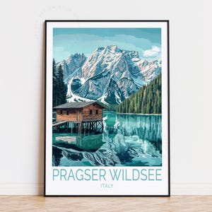 Affiche de voyage Pragser Wildsee, art mural Italie, impression Pragser Wildsee, cadeaux d'anniversaire, décoration d'intérieur, affiche de voyage personnalisée