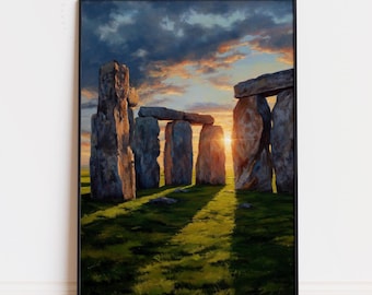 Stonehenge England Oil Painting Poster | Sunset Landscape Wall Art Print | UK Travel Decor