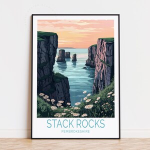 May include: A colourful illustration of a scenic landscape featuring a view of the Stack Rocks in Pembrokeshire, Wales. The image shows a dramatic cliffside with a view of the ocean and several rock formations. The sky is a vibrant orange and pink, and the water is a deep blue. The image is framed with a black border.