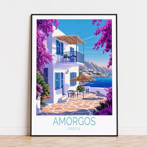 Poster di viaggio di Amorgos, arte murale in Grecia, stampa di Amorgos in Grecia, regali di inaugurazione della casa, regalo di compleanno, poster di viaggio personalizzato