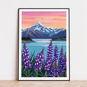 Poster de voyage du lac Pukaki en Nouvelle-Zélande, art mural néo-zélandais, impression du lac Pukaki, cadeaux d'anniversaire, décoration d'intérieur, poster de voyage personnalisé