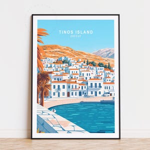 Poster di viaggio dell'isola di Tinos, arte murale della Grecia, stampa dell'isola di Tinos, arredamento per la casa, poster di viaggio personalizzato, regali di compleanno, paesaggio urbano minimalista