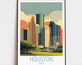 Houston Texas Reiseplakat, Texas Wandkunst, Houston Druck, Texas Stadt Kunst, Reise-Hausdekor, benutzerdefiniertes Reiseplakat