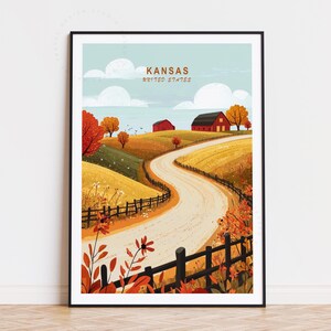 Poster di viaggio del Kansas, Stati Uniti, arte murale degli Stati Uniti, stampa del Kansas, regali di compleanno, arredamento per la casa, poster di viaggio minimalista
