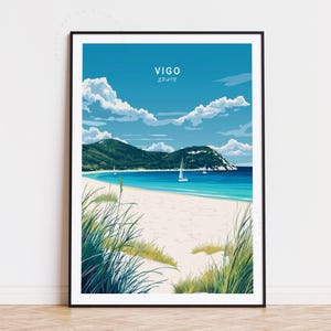 Poster de voyage de Vigo, art mural Espagne, impression Vigo, décoration murale d'Espagne, cadeaux d'anniversaire, décoration d'intérieur, poster de voyage personnalisé, paysage urbain minimaliste