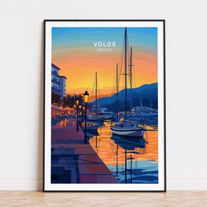 Poster di viaggio di Volos, Grecia, Arte murale greca, Stampa del tramonto di Volos, Regali di compleanno, Poster di viaggio personalizzato, Paesaggio urbano minimalista, Arredamento per la casa