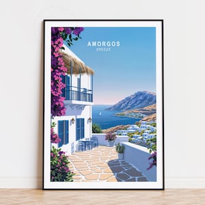 Póster de Amorgos, Grecia, arte mural de Grecia, impresión de Amorgos, decoración del hogar, regalos de cumpleaños, póster de viaje personalizado, paisaje urbano minimalista