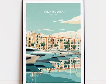 Póster de viaje de Vilamoura, arte mural de Portugal, impresión de Vilamoura, regalos de cumpleaños, póster de viaje personalizado, decoración del hogar