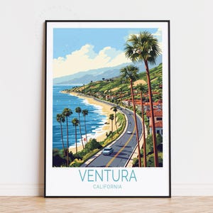 Poster de voyage Ventura, art mural californien, impression Ventura Los Angeles, affiche de voyage personnalisée, décoration d'intérieur, cadeaux d'anniversaire