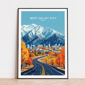 Affiche de voyage dans la ville de West Valley, art mural de l'Utah, impression West Valley, affiche de voyage personnalisée, décoration d'intérieur, cadeaux d'anniversaire, paysage urbain minimaliste