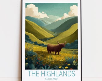 Póster de viaje de las Tierras Altas de Escocia, arte mural de Escocia, impresión de las Tierras Altas, decoración del hogar, regalo de cumpleaños, regalos de boda