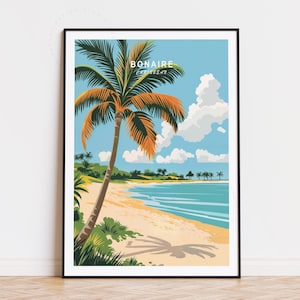 Poster de voyage à Bonaire, art mural des Caraïbes, impression Bonaire, décoration d'intérieur, cadeaux d'anniversaire, affiche de voyage personnalisée, paysage urbain minimaliste
